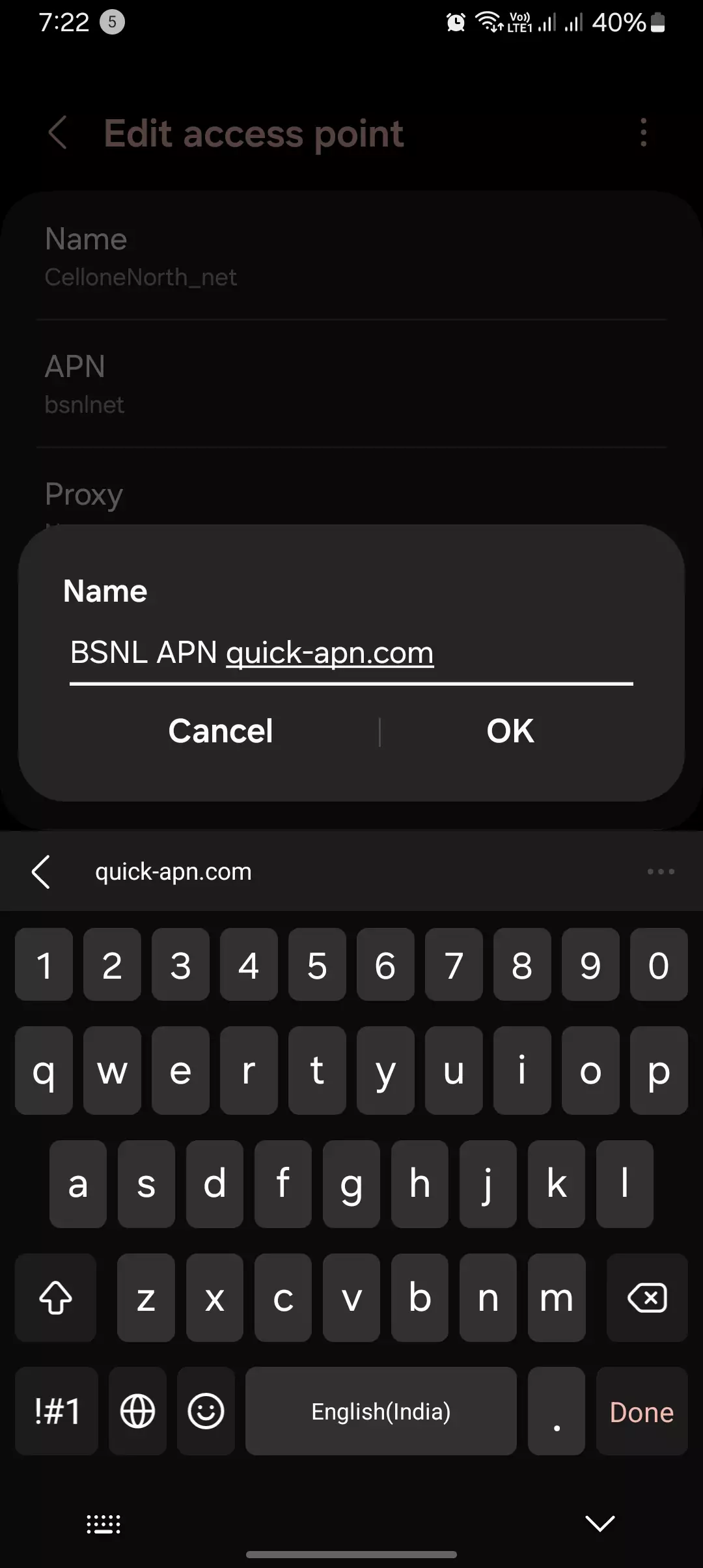 screenshot of naming the apn