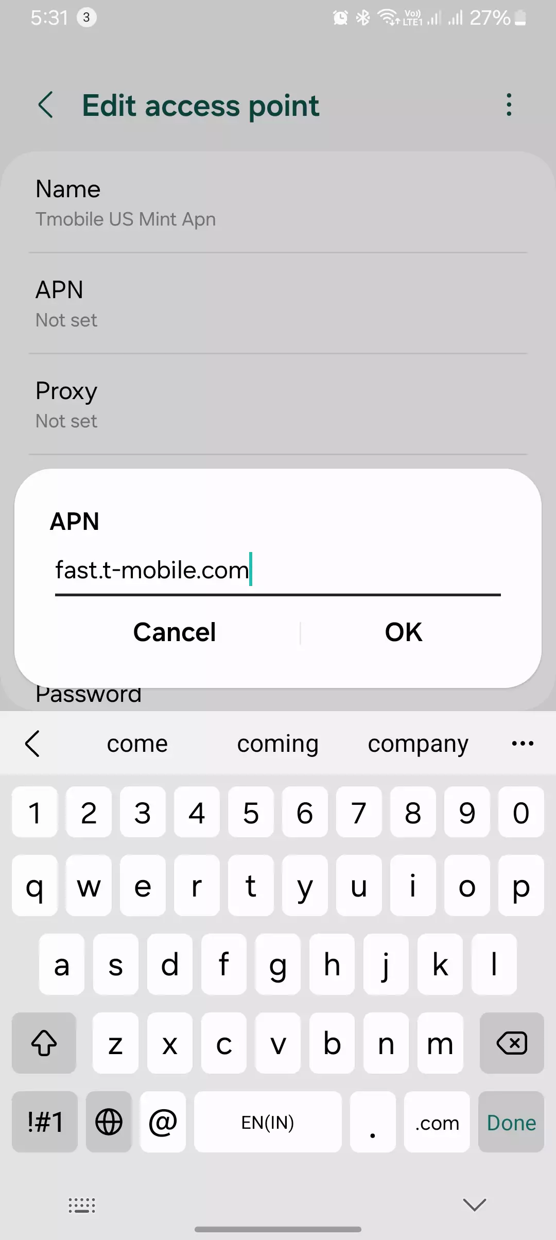 screenshot of adding the APN configuration for mint tmobile us