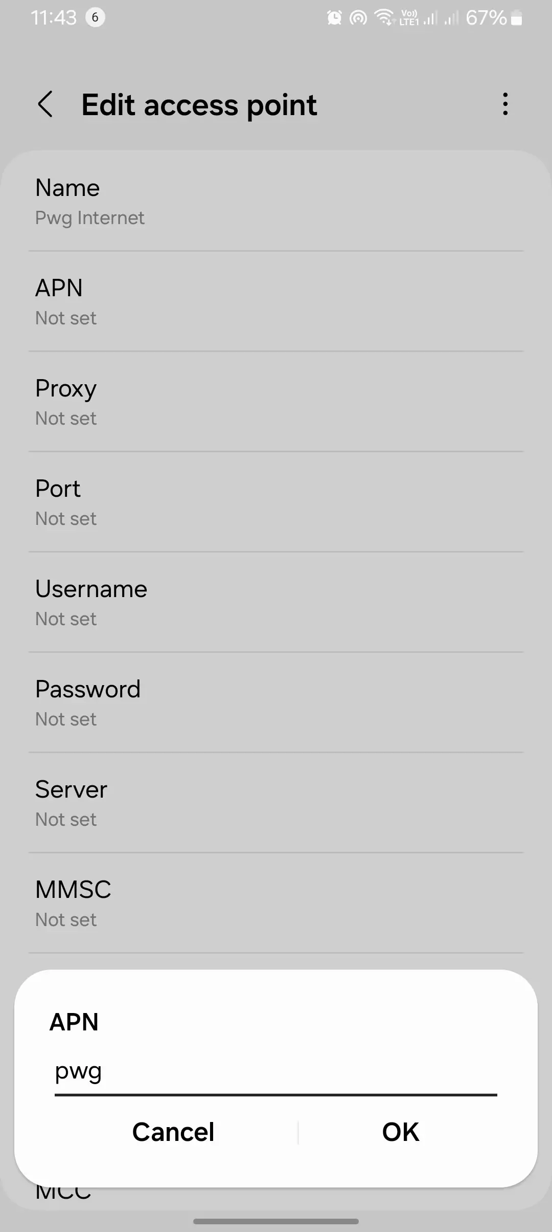 screenshot of adding the apn value into the PWG apn