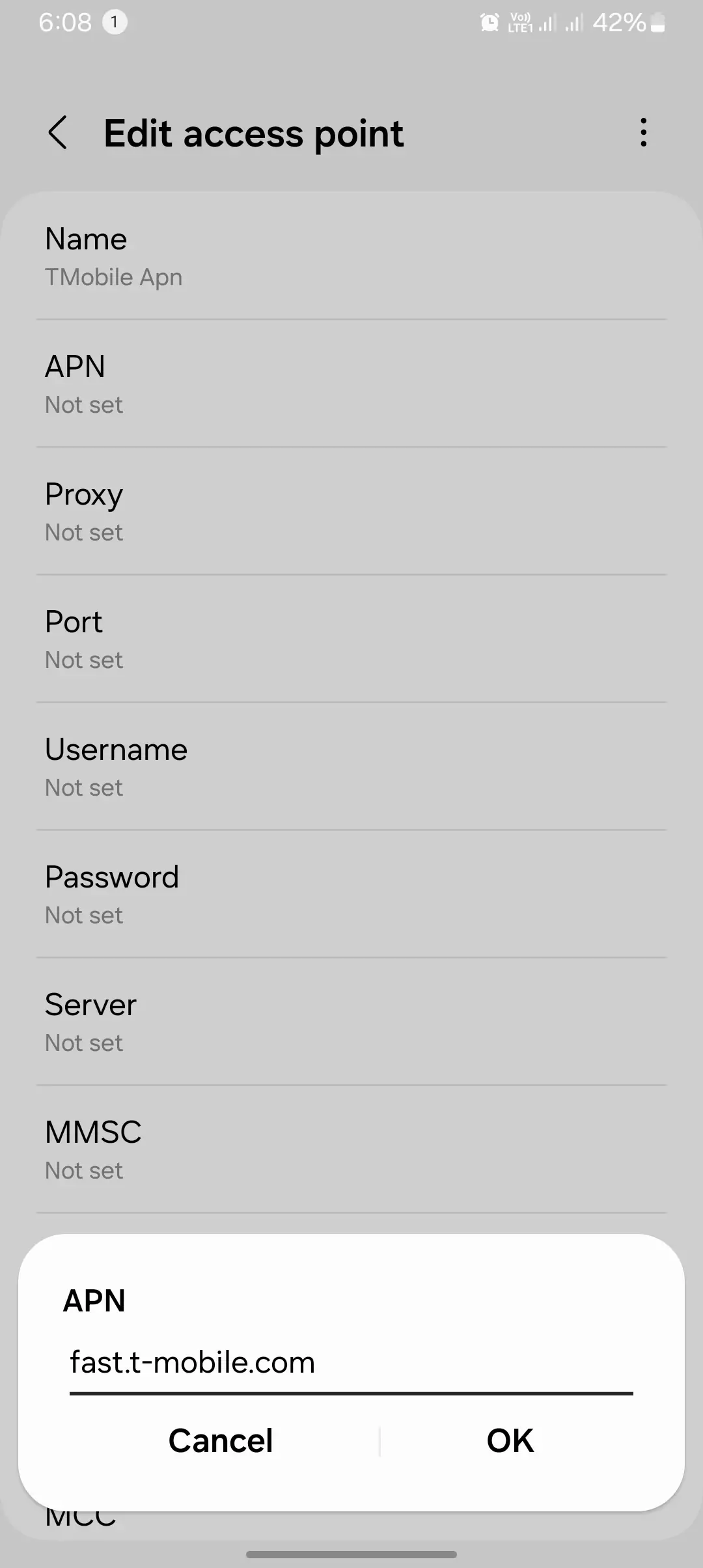 screenshot of adding the apn value into the tmobile fast internet
