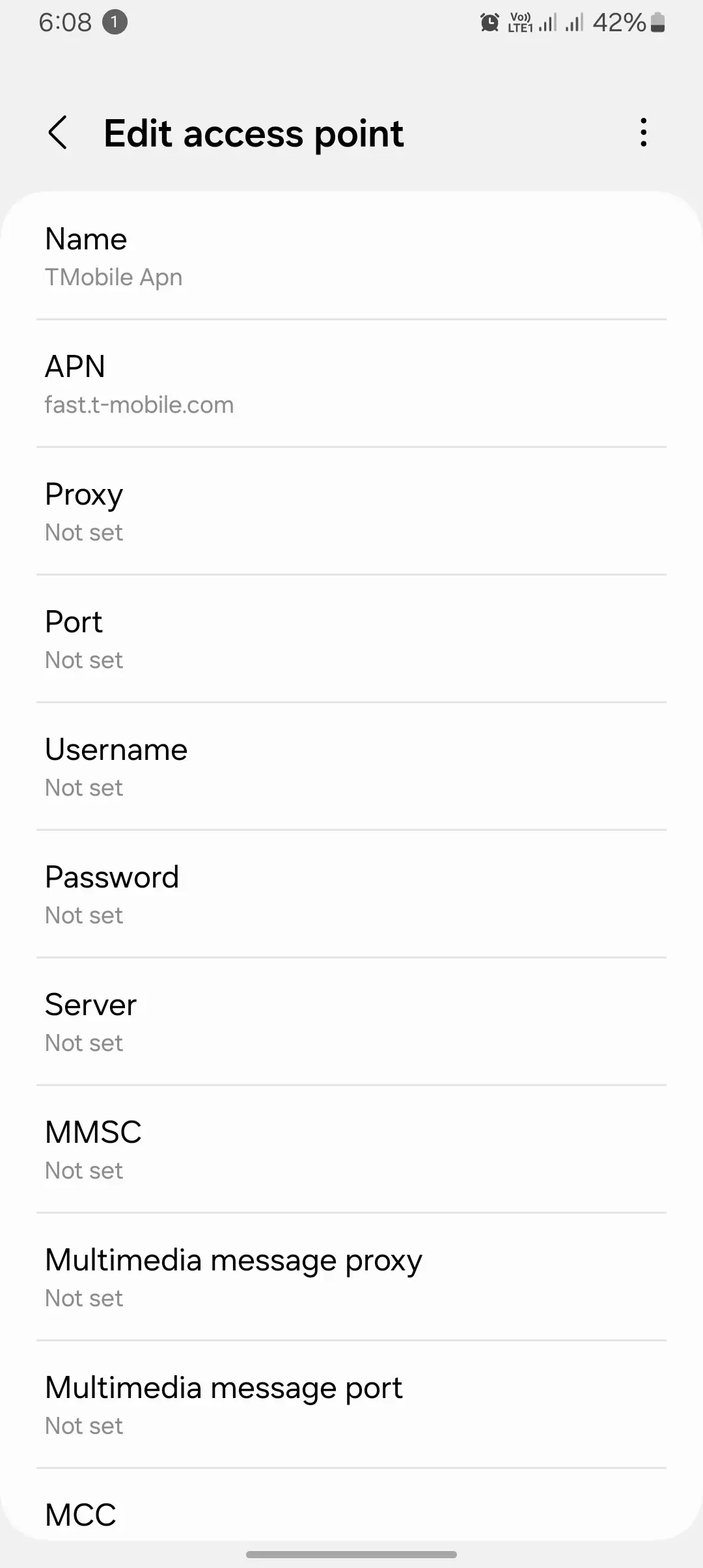 screenshot of edit access point for the tmobile