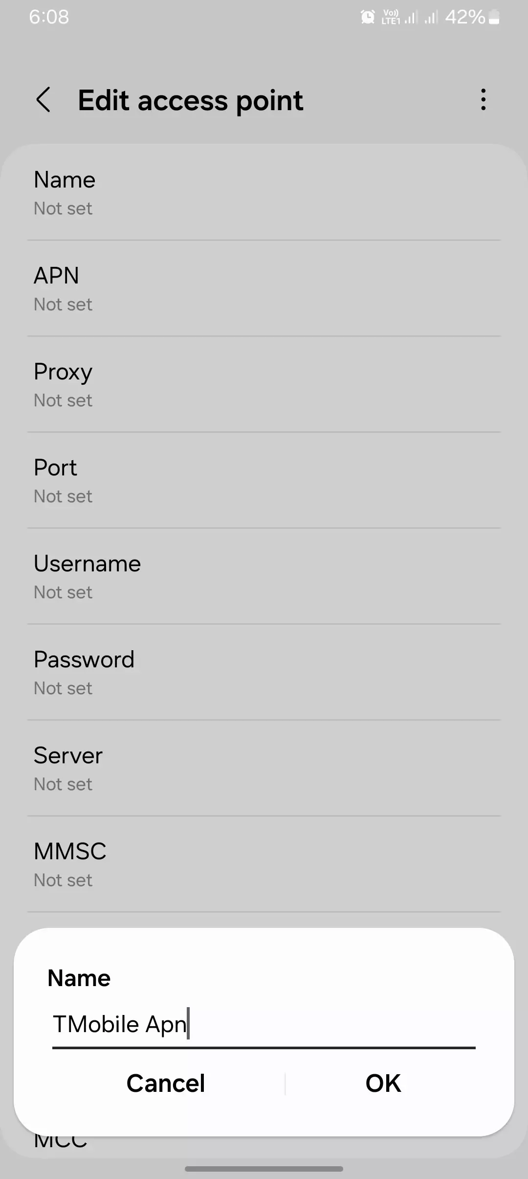 screenshot of naming the apn for tmobile