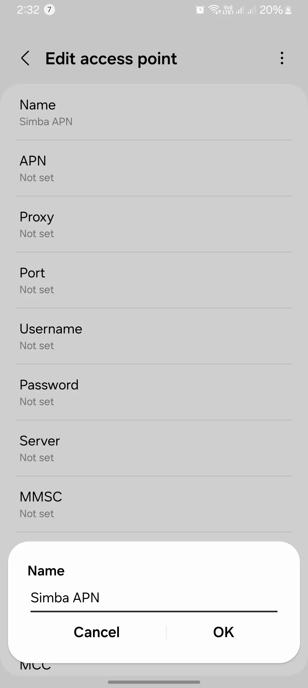 screenshot of naming the simba apn settings