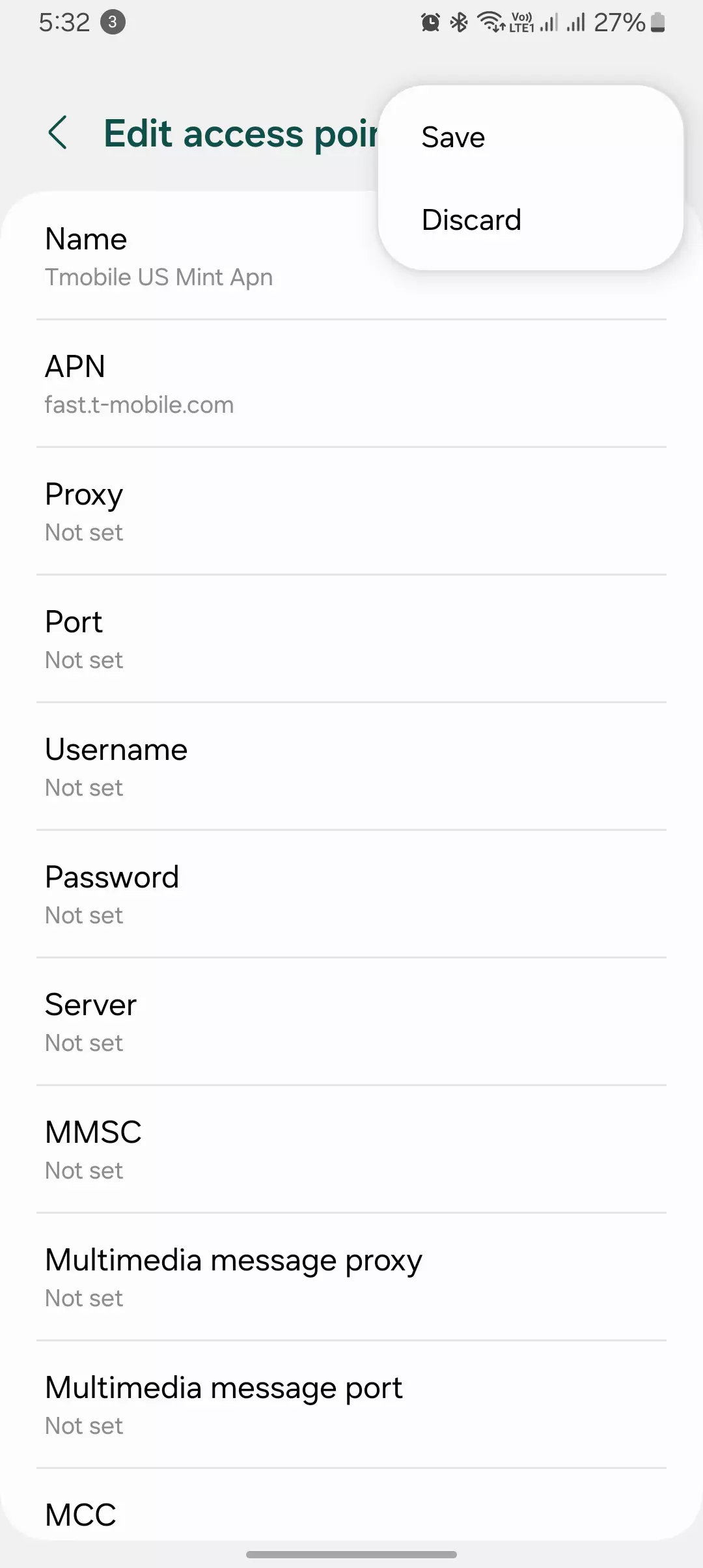 screenshot of saving mint access point name setting 